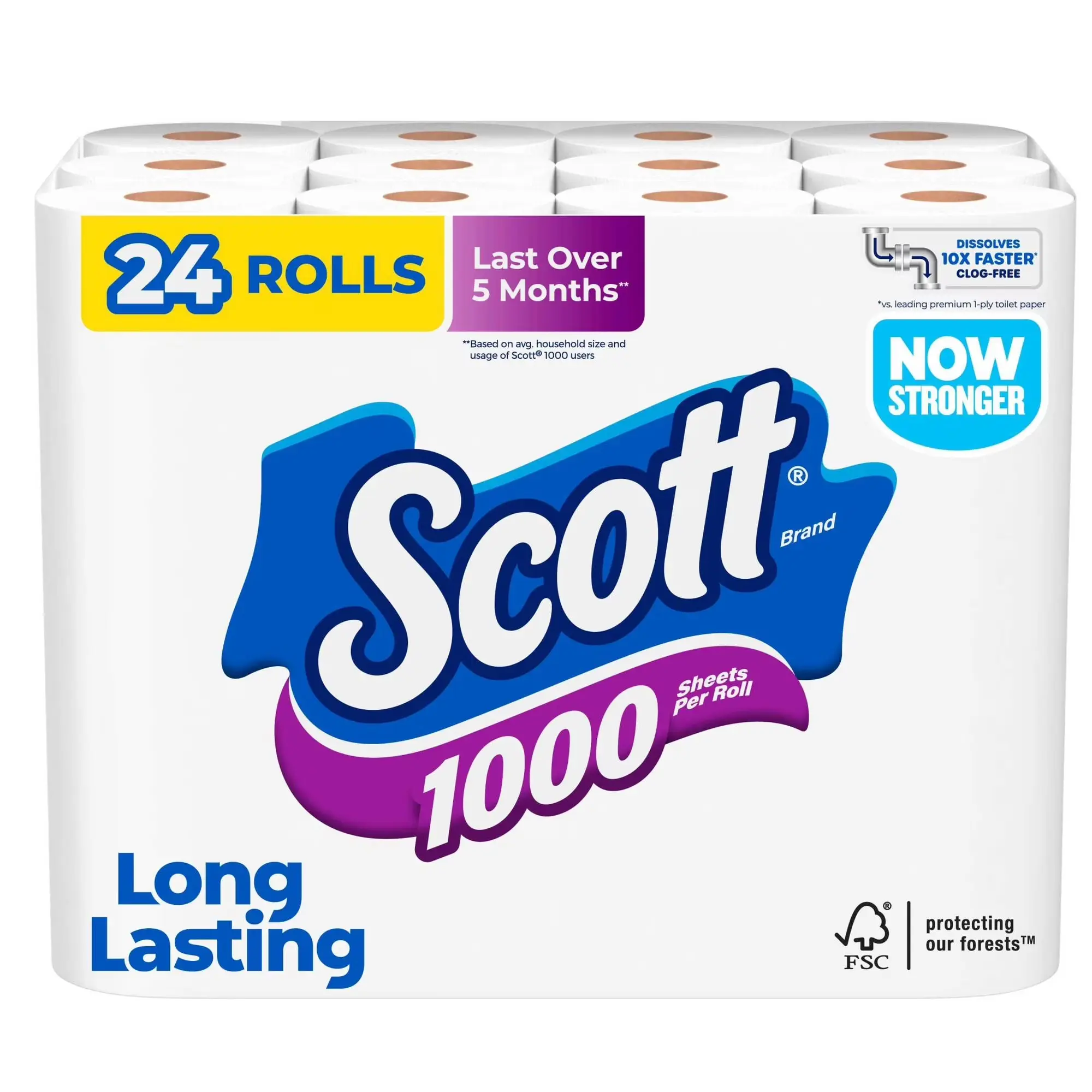 Scott 1000 Toilet Paper, 24 Rolls, 1,000 Sheets per Roll, Long Lasting, Strong