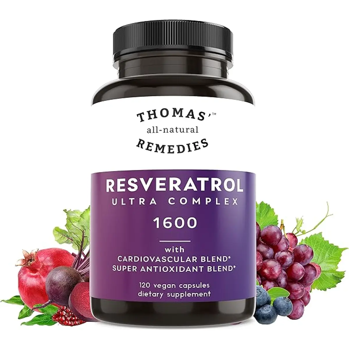 Thomas' all-natural Remedies Resveratrol 1600mg Organic Trans-Resveratrol Antioxidant Supplement with Organic Grape Seed Extract and Quercetin- Anti-Aging and Cardiovascular Support- 120 Capsules