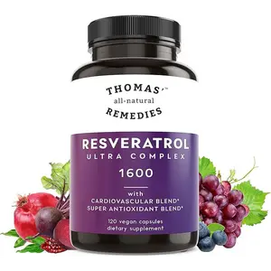 Thomas' all-natural Remedies Resveratrol 1600mg Organic Trans-Resveratrol Antioxidant Supplement with Organic Grape Seed Extract and Quercetin- Anti-Aging and Cardiovascular Support- 120 Capsules