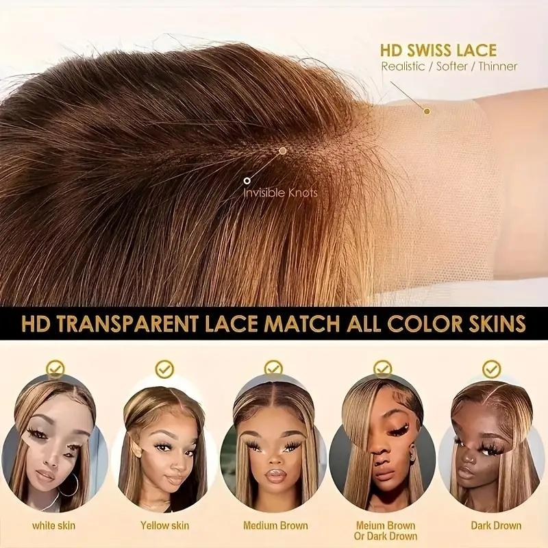 Ombre  Bob Wig Human Hair Highlight P4/27 13x4 HD Lace Frontal Straight Lace Front Bob Wigs for Black Women Human Hair Pre Plucked Pre Plucked with Baby Hair 180% Density Honey Blonde Wig Soft Bouncy No Smell Can Be Dyed Curled Restyled