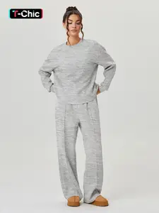 Women's Casual Solid Color Loose Long Sleeve Top & Exposed Stitches Trousers Co-ord