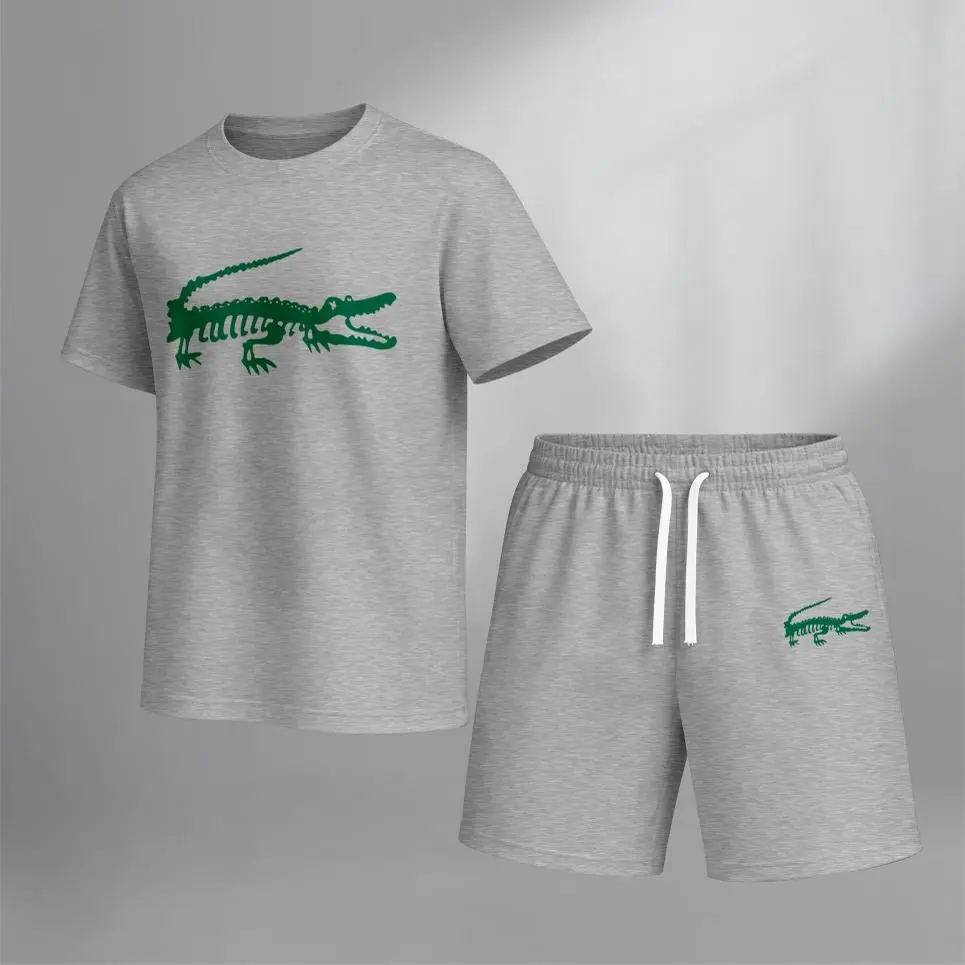 Men’s Skeletal Crocodile Printed Casual Short Sleeve T Shirt and Shorts Set, Summer 2 Piece Outfit, Soft Breathable Matching Set with Drawstring Shorts for Beach, Outdoor Activities, Travel, Workout, and Everyday Style
