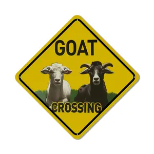 Goat  Crossing Warning Sign Goat Animal Caution Yellow Wall Art Decorative Decor For Fence Home Farmhouse Yard Road Quality Metal Sign, 8x8 inch Indoor/Outdoor Sign, Funny Novelty Metal sign,