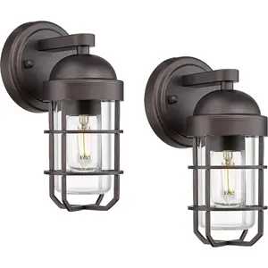Farmhouse Outdoor Wall Sconces, 2 Pack Vintage Exterior Light Fixtures with Nautical Metal Cage and Tempered Glass, Oil Rubbed Bronze Finish, GE255B-2PK ORB