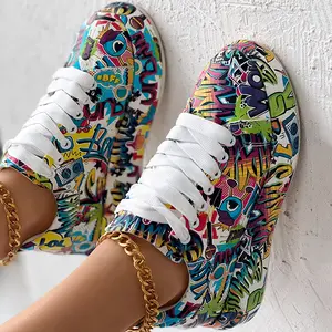 Unique Lace-Up Front Painting Print Platform Sneakers - Secure Fit & Modern Style for Casual Wear with Platform Design & Painting Print