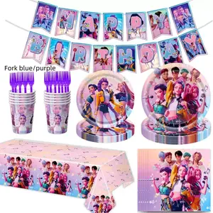 A set of pink children's birthday party supplies prepared by the popular fashion hunting girl band for fans, including banners, plates, cups, tablecloths, and napkins, perfect for decorating girl themed birthday parties