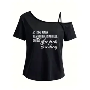 Womens Asymmetrical One Shoulder Cold Shoulder Short Sleeve Tee Off The Shoulder Strap Top Strong Woman Standards Boundaries Graphic Shirt