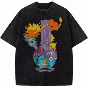 Charmander Washed T-Shirt, Pocket Monsters Bong Graphic with Pika Bulbasaur and Squirtle Vintage Streetwear Design, Gift for Anime Fans