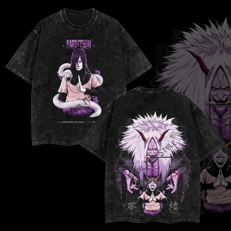 [Anime Realm] Orochimaru - Naruto Shippuden Anime Manga Shirt Washed Black Double Printed Oversize Lightweight Acid Washed Tee Gift For Weeaboos