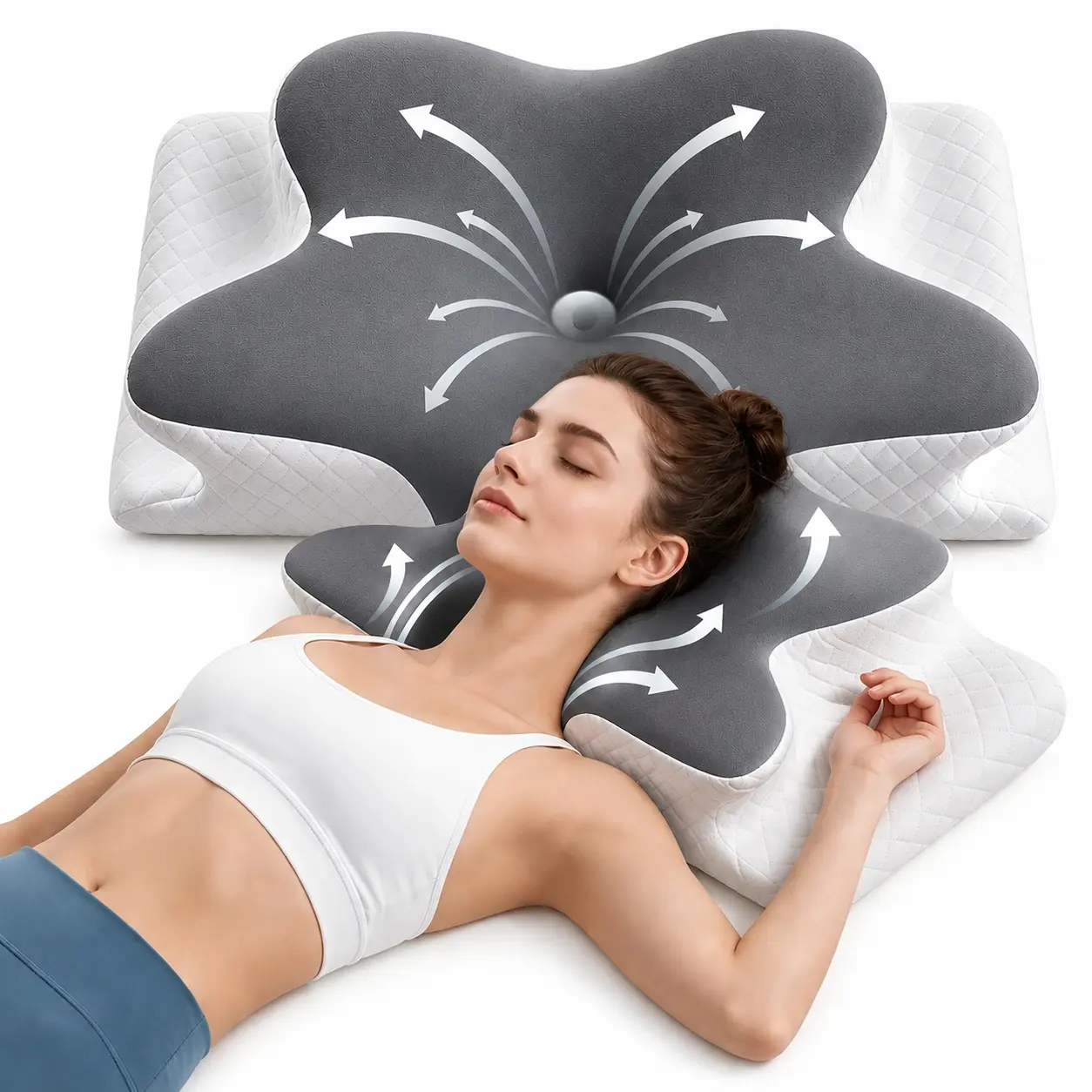 Double-Sided Contoured Neck Pillow, Unscented Supportive Memory Foam with Cooling Cover, Zoned Design & Extra-Large Armrest for Deep Sleepers & Side/Stomach/Back Sleepers