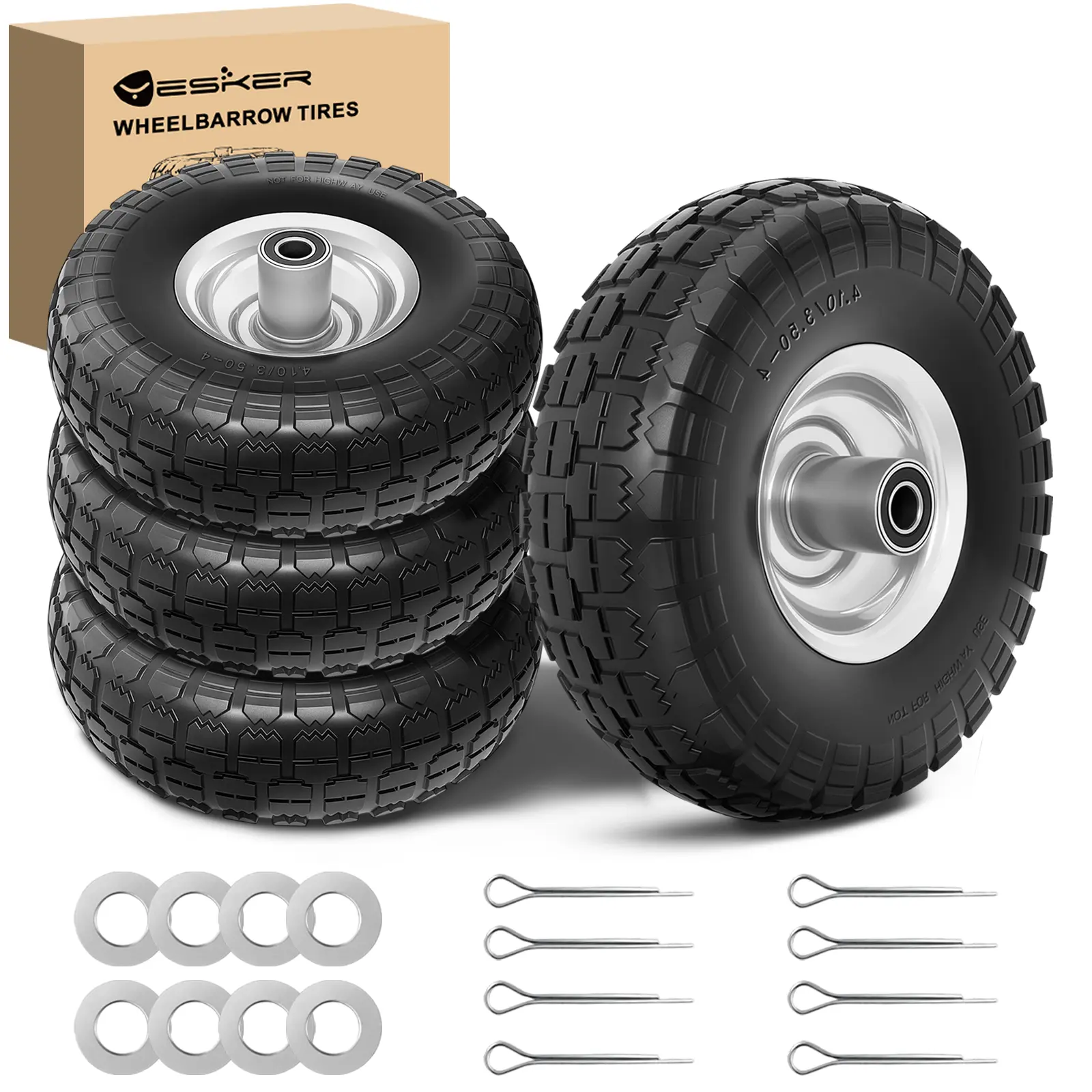 Yesker 4.10/3.50-4" Flat Free Solid Polyurethane Tires & Wheels Replacement, 10" High-Density PU Tire with 5/8" Axle Bore Bearing, Durable Auto Parts for Wheelbarrow, Gorilla Cart, 4-Pack Father's Day Gift Improves Traction, Solid Tire