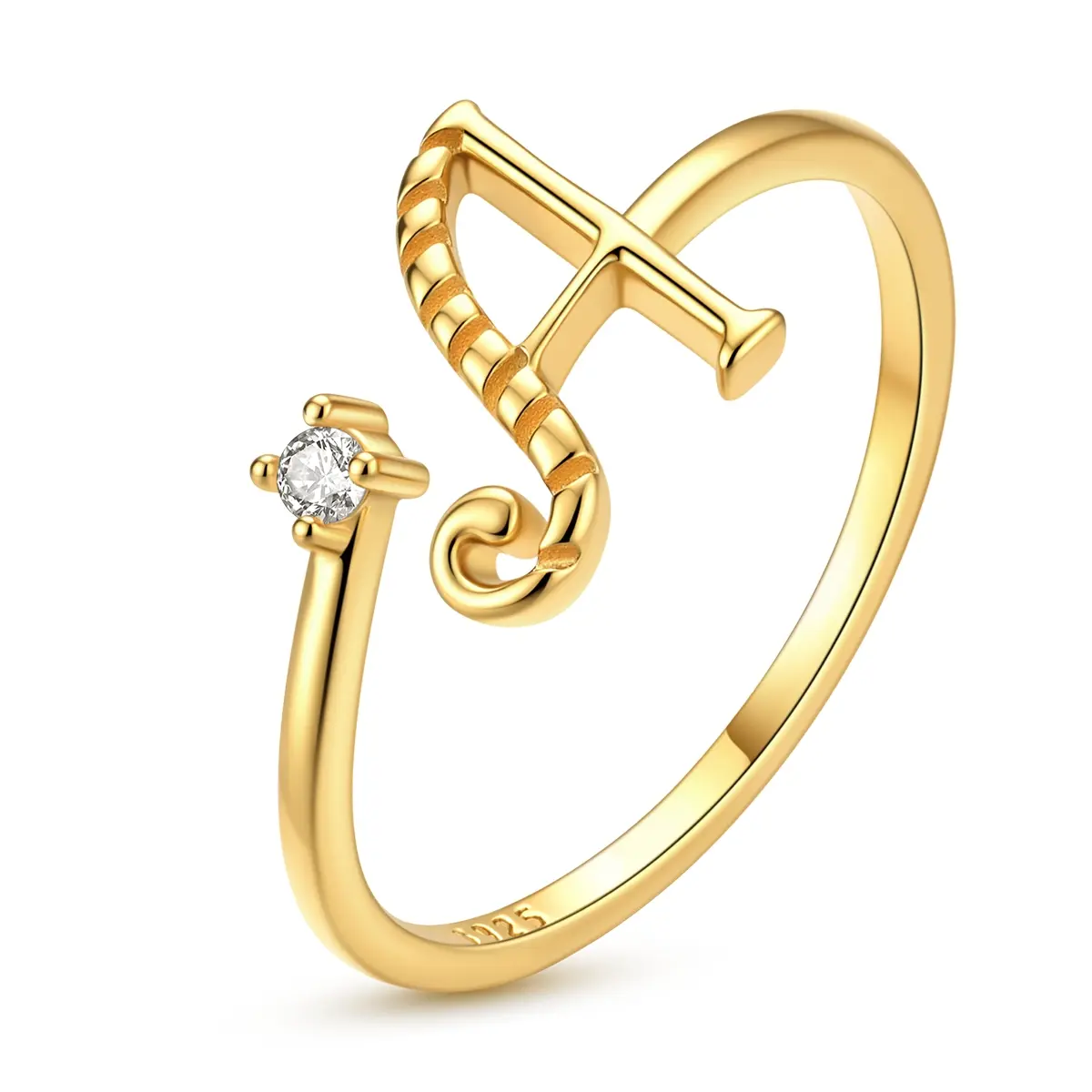 NARMO Cursive Initial Letter Ring, 14K Gold Plated 925 Sterling Silver, Adjustable Open Wrap Design, Single CZ Stone, Dainty Personalized Gift for Her