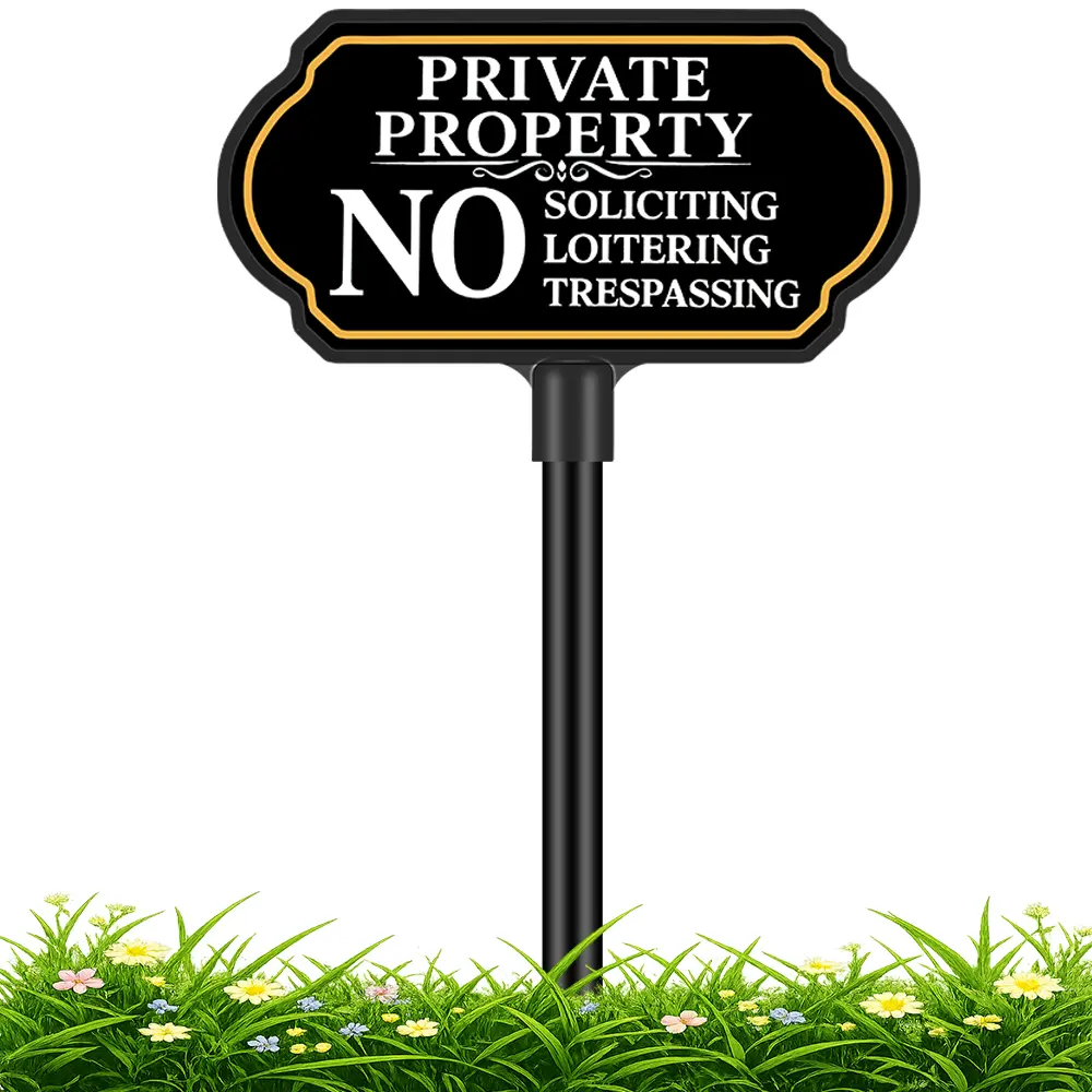 No Trespassing Signs Private Property - No Soliciting Sign - No Loitering Sign, 10×5 Inch/37 Inch Adjustable Stake, Weatherproof Aluminum & UV Printed Outdoor Use for Home Yard Lawn and Driveway