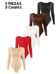Women's Plain Long Sleeve Bodysuit, Thong Design, Square Neck Slimming Tummy Control, Compression Fit Shapewear, Ladies Underwear & Shapewear