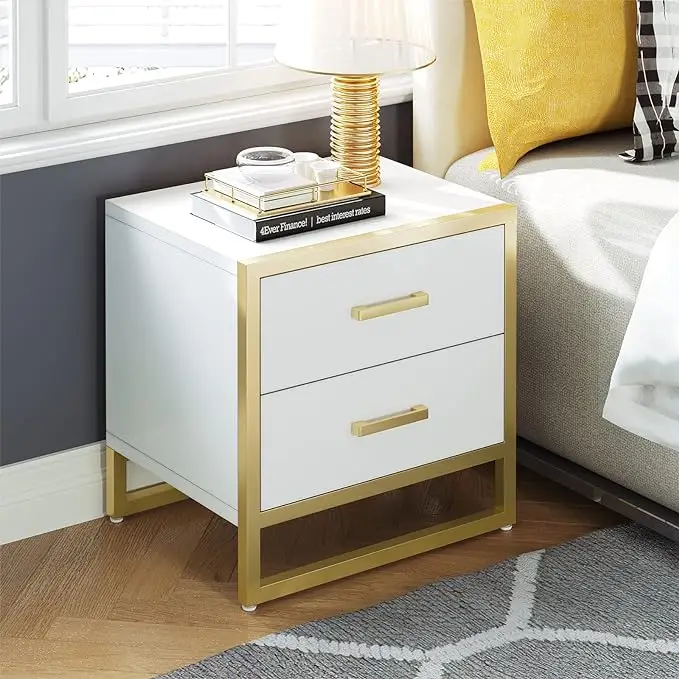 DWVO Nightstand with 2 Drawers, Small End Side Table with Storage, Modern Bedside Bed Table with Metal Frame for Small Space, Bedroom and Living Room