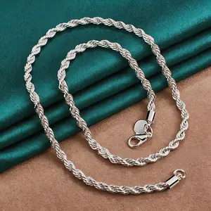 925 Sterling silver plated Rope Chain Lobster Clasp 4mm Silver Chain for Men Women Silver Necklace Chain 20/24/Inches,Hypoallergenic & Tarnish-Resistant, Durable Hip Hop Jewelry for Daily Wear