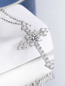 S925 Pure Silver Cross Pendant Necklace with Full Diamond Moissanite, 1 Carat Moissanite Chain, All Seasons Jewelry
