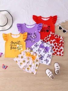 6-Piece Girls' Casual, Alphabet Bee Butterfly Ladybug Print Top & Shorts Sleeveless Set, Outdoor Summer Clothing Set, Random Cut Design
