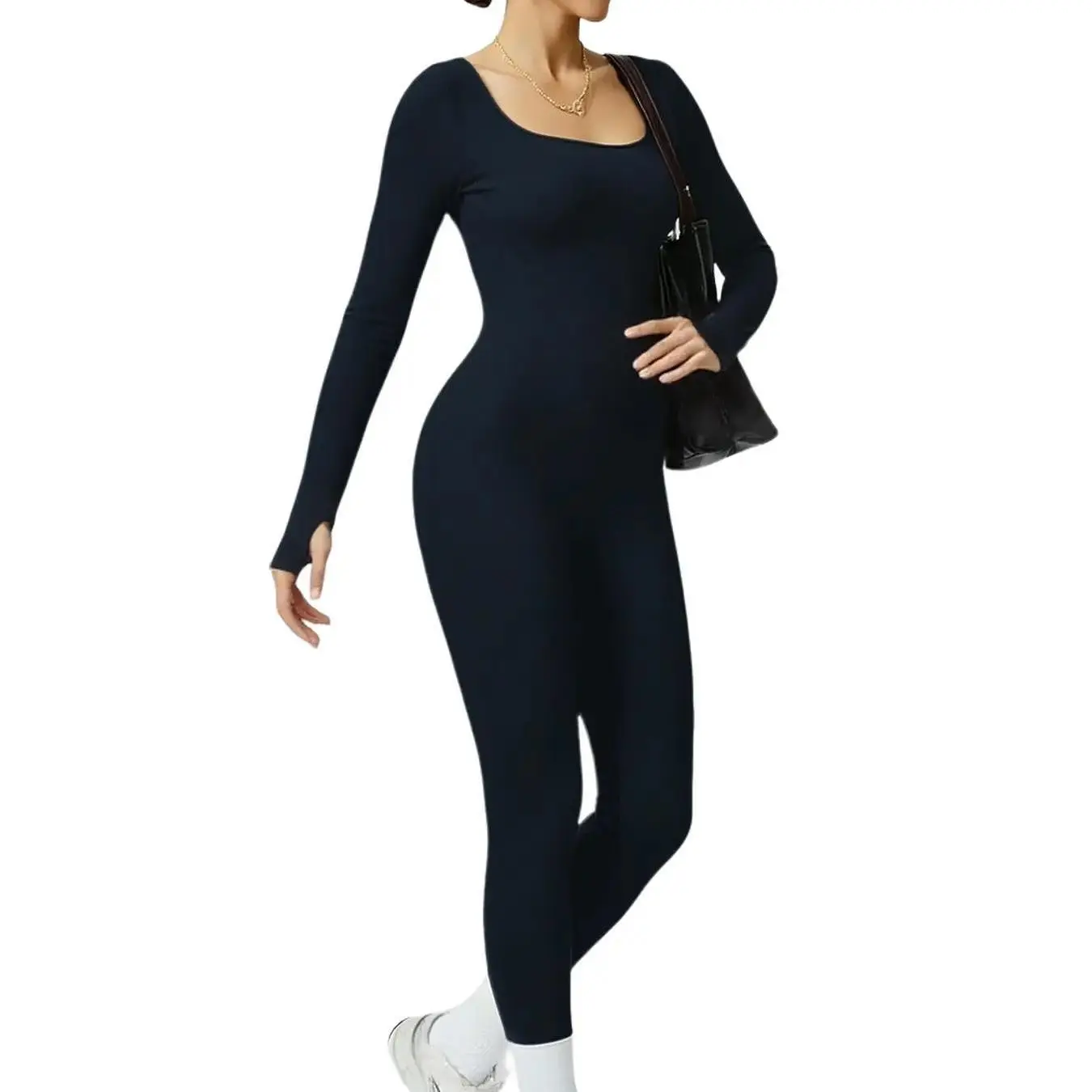 Women's Solid Color Ribbed Square Neck Long Sleeve Bodycon Sporty Jumpsuit - Athletic Yoga Jumpsuits for Women, Sports Wear for Workouts, Fitness Activewear, Solid Color Jumpsuit