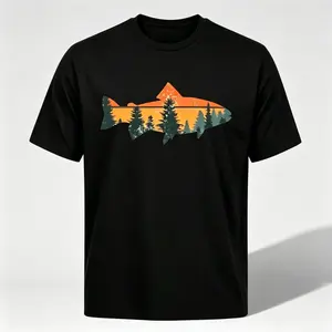 Men's Vintage Black Crew Neck Short Sleeve T-Shirt, Fish Trout Mountain Sunset Graphic Print, Outdoor Angler Top for Camping, Hiking, Summer Sports & Outdoor Outfits, Birthday Gift #Summervibes gaiter