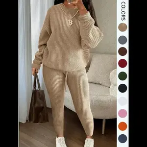 Women's Solid Drop Shoulder Long Sleeve Sweater & Drawstring Waist Pants Set, Casual Fashion Cozy Knitwear for Daily Outdoor Wear, Ladies Fall & Winter Clothes