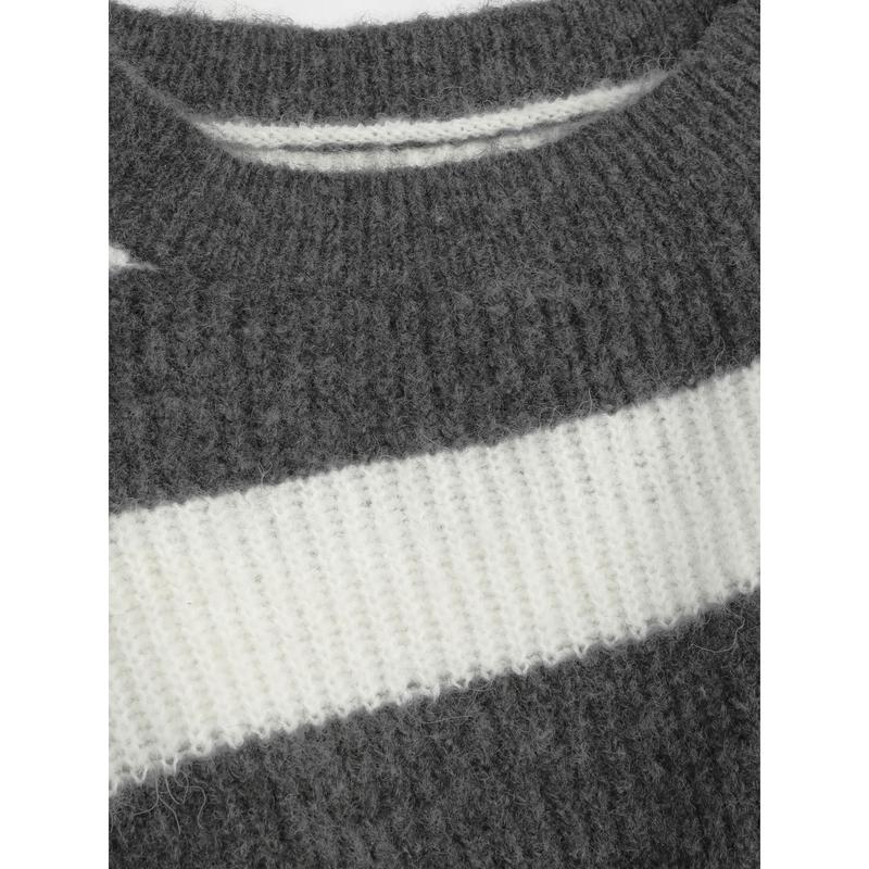 Cider [size 2-10] Round Neck Striped Ripped Knit Long Sleeve Crop Sweater