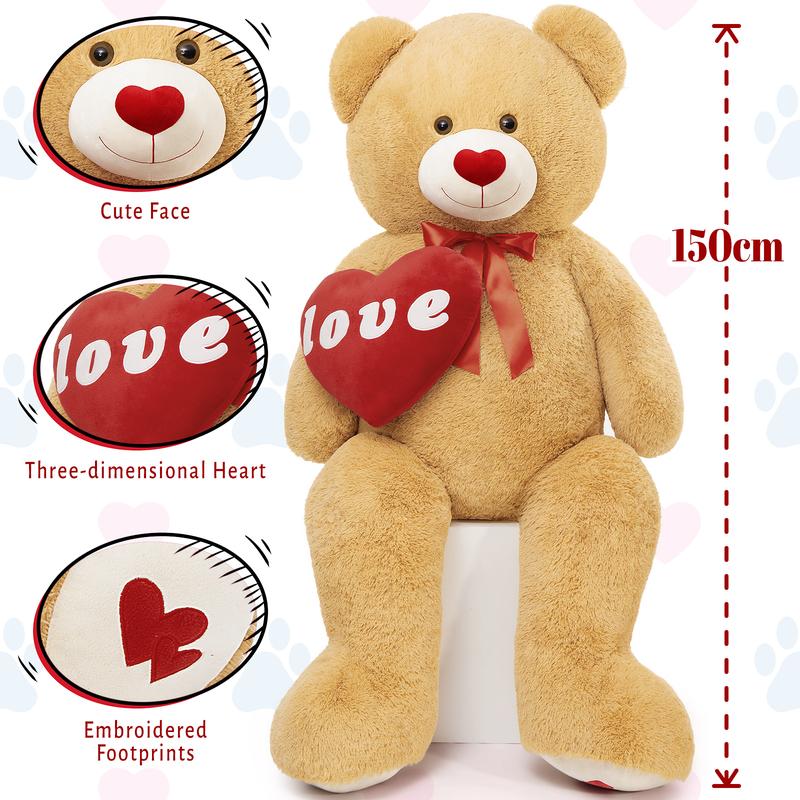 Giant Teddy Bear 4.9Ft Stuffed Animal, Big Teddy Bear with Heart, Large Brown Stuffed Bear Plush Toys for Kids, I Love You Valentines Bear Gift for Girlfriend Wedding Durable Soft Fluffy