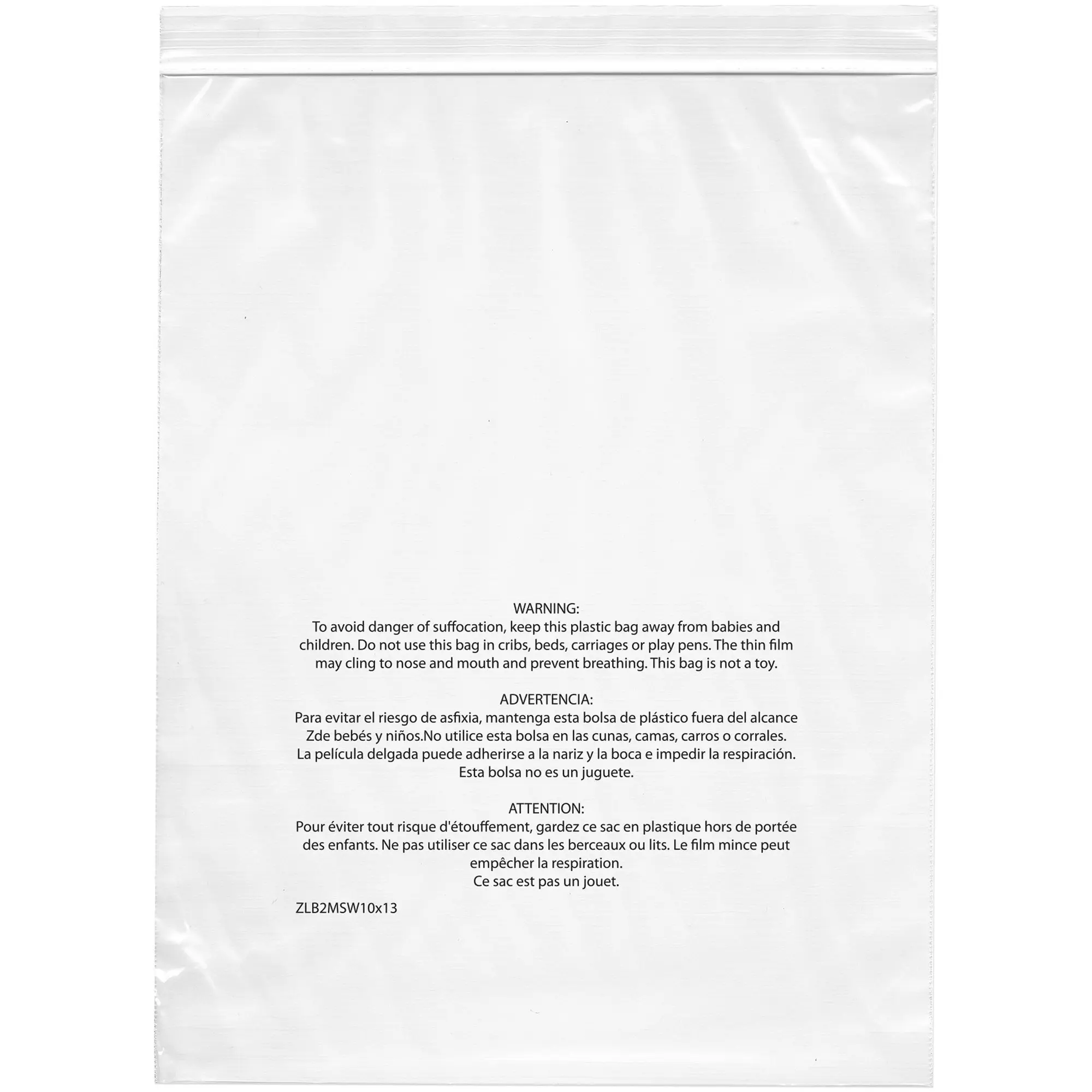 Plymor 8" x 10", 2 Mil with Printed Suffocation Warning Zipper Reclosable Plastic Bags