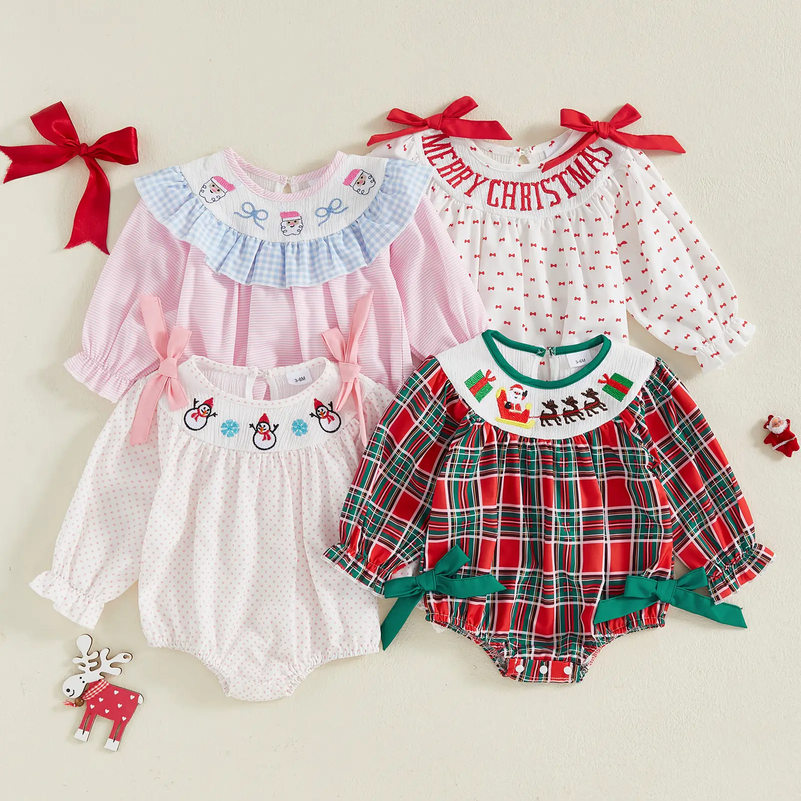 Infant Baby Girls Christmas Romper Long Sleeve Crew Neck Embroidery Bodysuit Clothes 0-18 Months
