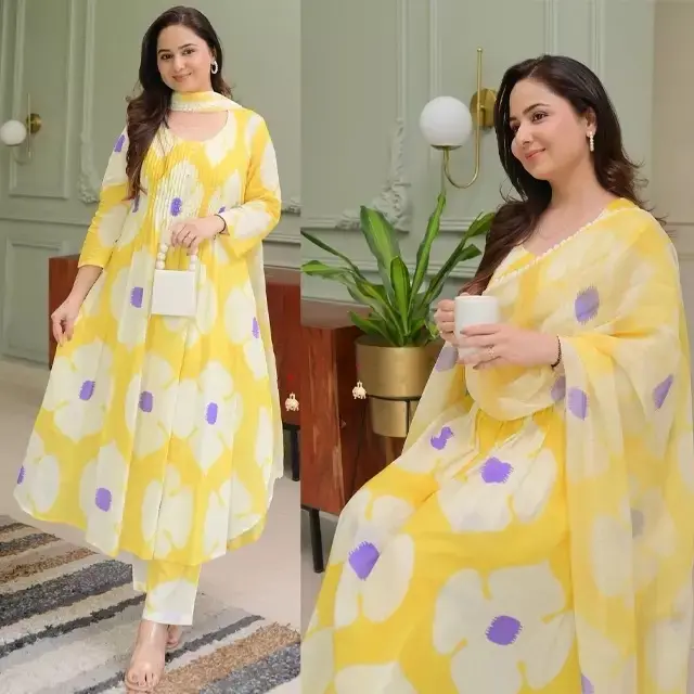 Dress Anarkali Floral Georgette Round Neck Kurta Dupatta Pants Set Women Summer Ethnic Elegant Lightweight Breathable Soft Flowy A-Line Casual Party Wedding Guest Vacation Festive
