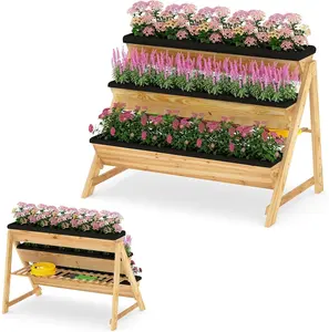 COSTWAY 3-Tier Wooden Vertical Raised Garden Bed, Elevated Planter Box Kit with Legs & Liners for Flower Herb Vegetable, Indoor Outdoor Freestanding Garden Box for Patio Balcony Greenhouse