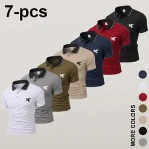 Men’s polo shirt with a turn-down collar, 7-pack summer polos featuring contrasting collar designs with printed accents, slim fit, quick-drying lightweight short sleeves, breathable men’s tops for business casual wear and everyday outfits.