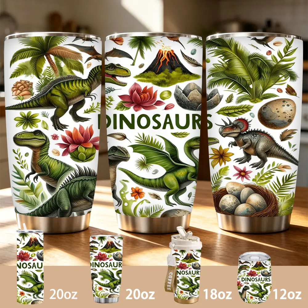 Stainless Steel Insulated Dinosaur Tumbler - 12/18/20oz Vacuum Flask, Vibrant Prehistoric Design, Keeps Cold/Hot 7-12 Hours, Ideal Gift for Kids & Dinosaur Lovers, Garden-Ready Kitchenware Drinkware
