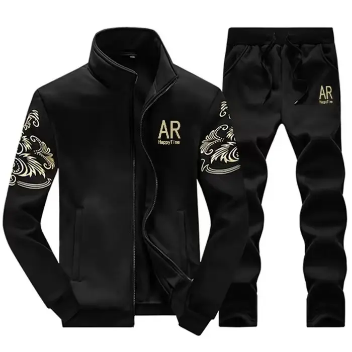 Men’s two-piece athletic set featuring a zip jacket with gold embroidery and jogger sweatpants; casual street-style everyday sportswear. summerwins