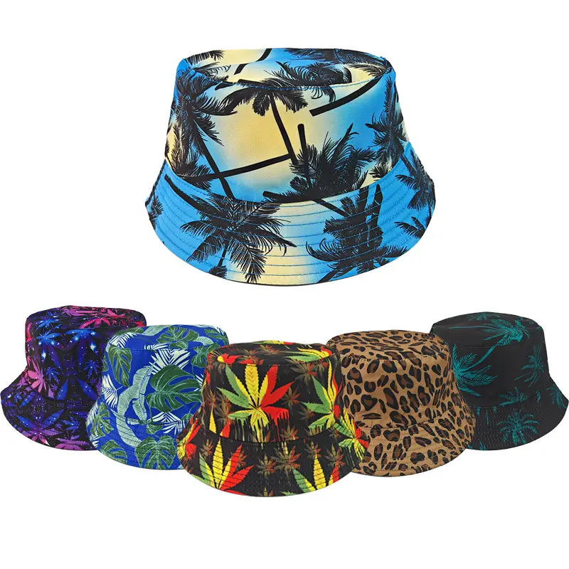 Reversible Printed Bucket Hat for Men Women, Tropical Leaf Leopard Print Double Sided Wear Sun Hat, Casual Outdoor Travel Beach UV Protection Fisherman Cap