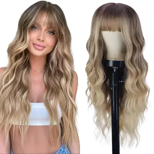 SummerVibes AISI HAIR Wig With Bangs Long Wavy Curly Ombre Wig with Dark Root Synthetic Heat Resistant Wigs for Women Daily Party Use Body Wave Hairstyle