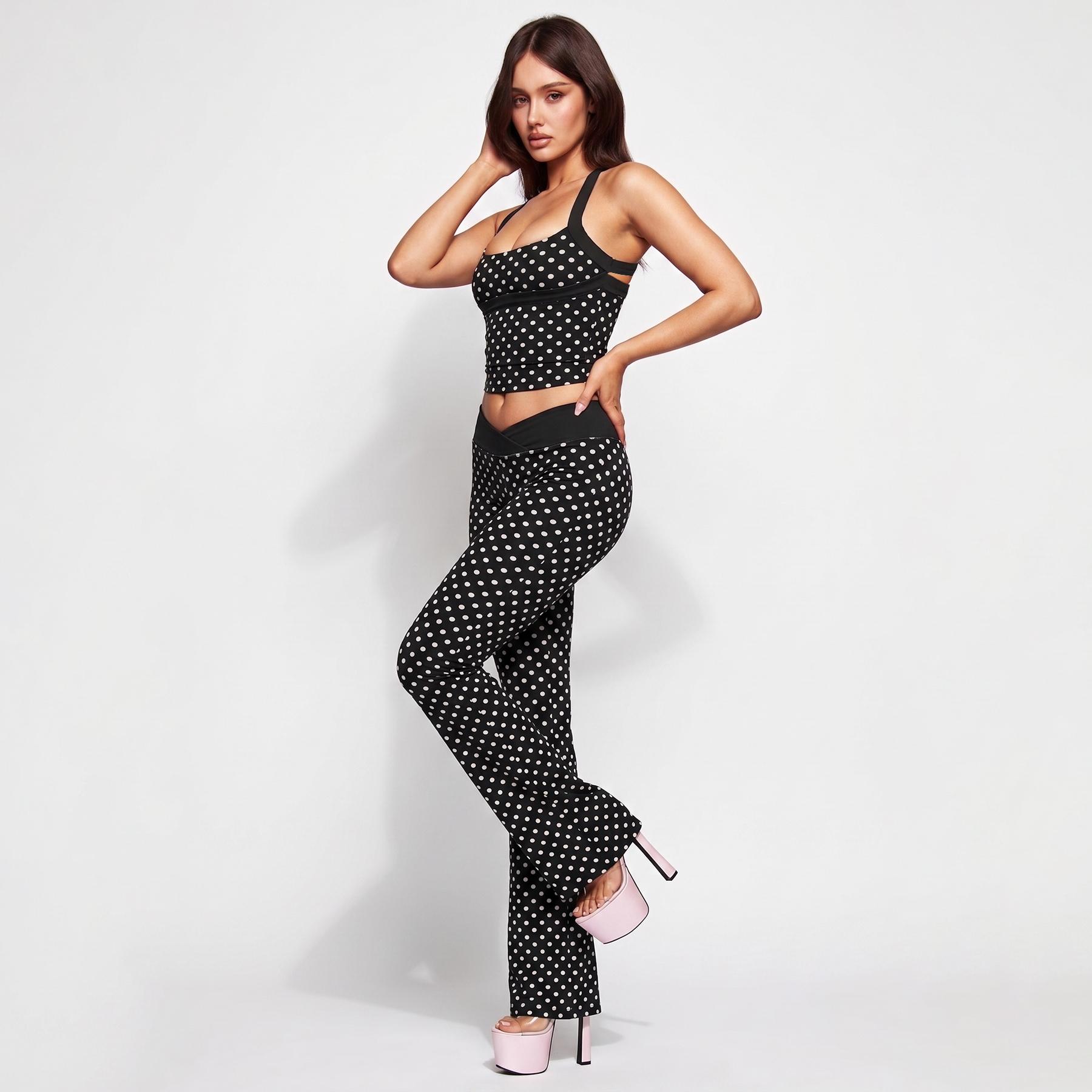 NVWA Matching Sets Women Polka Dot Halter Crop Top and Flare Pants 2 Piece Outfits Backless Criss Cross Bodycon Slim Fit Going Out Set High Waist Bell Bottom Trousers Y2K Party Club Wear Casual Outfit tiktokshopbacktoschool, Spandex, Lady