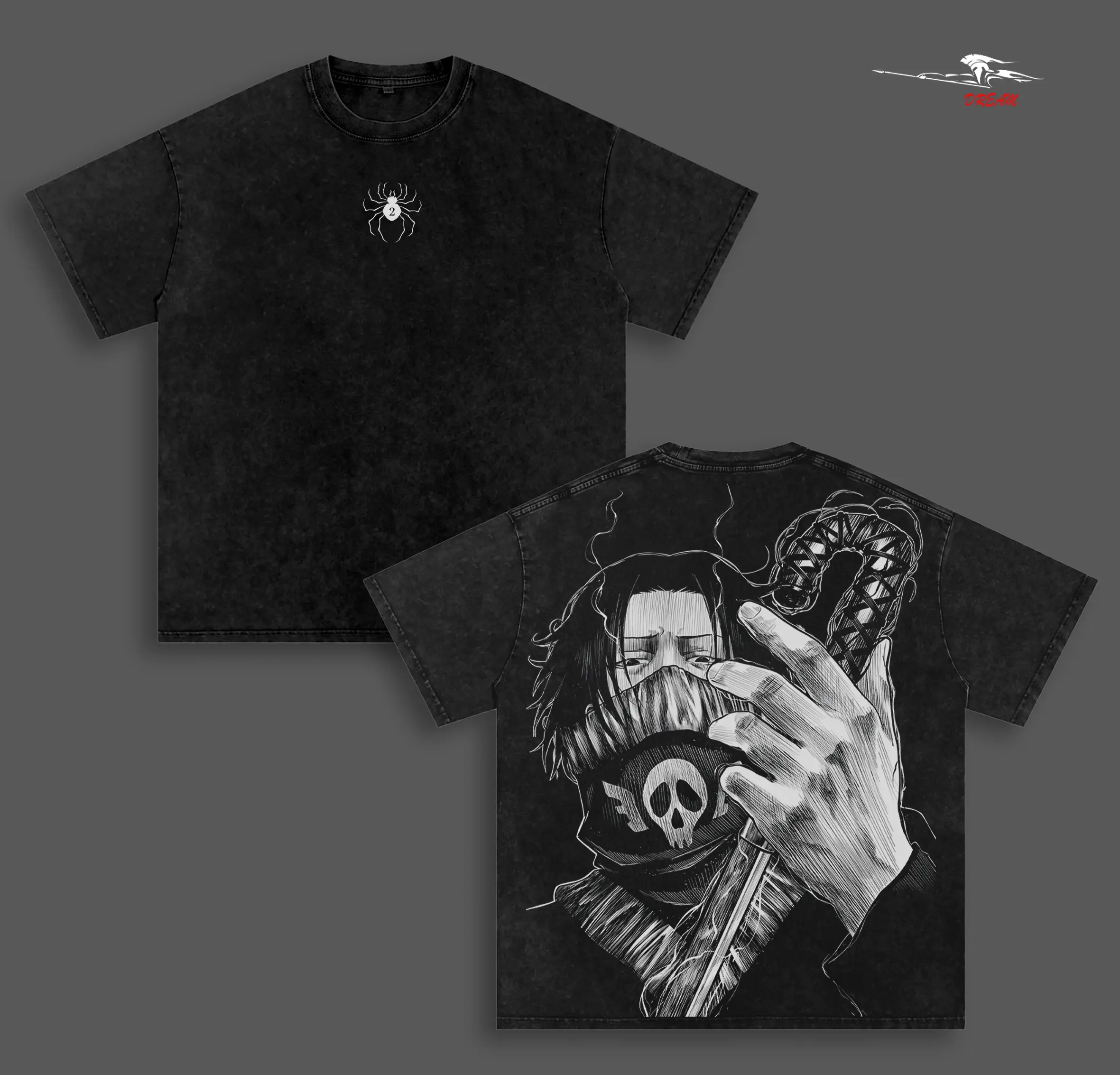 Feitan Portor HxH Anime Double Printed Vintage Washed Tee Unisex Oversize Heavyweight Cotton T-shirt for Anime Fans and Lovers
