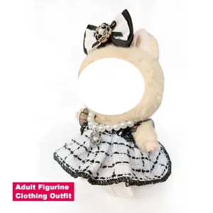 Elegant Tweed Pearl Dress Outfit for Adult Collectible Plush Figurines, Luxury Black & White Plaid Costume with Bow, Aesthetic Accessory for Shelf Styling & Custom Display