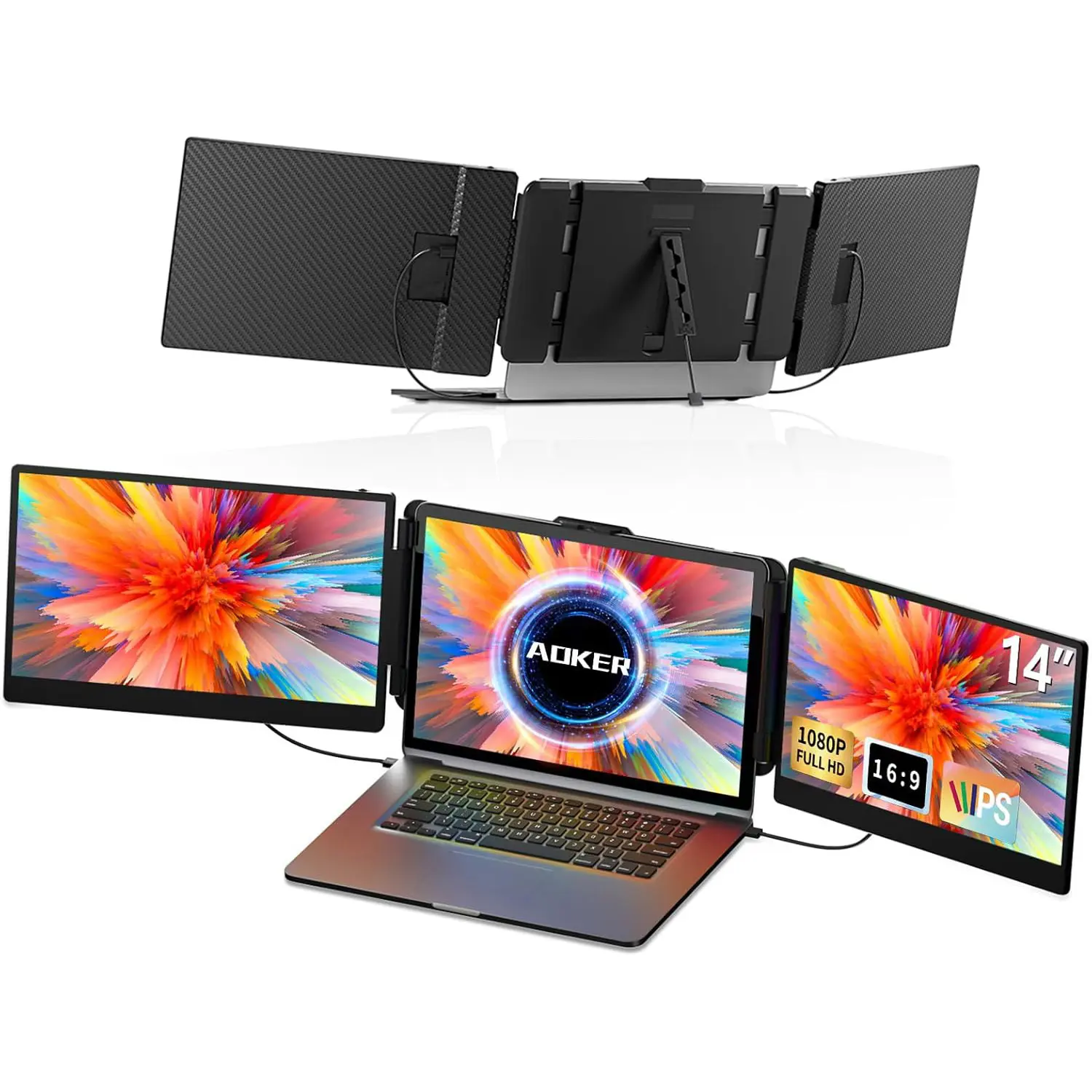 AOKER 14" Triple Laptop Screen Extender 1080P FHD IPS Portable Monitor 300 nits Brightness Ultra Light for Travel Compatible with Mac Windows Chrome Plug & Play