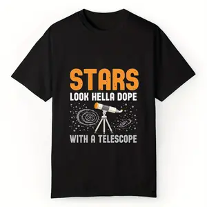 viral graphic tees Telescope pattern starry sky cool T-shirt-black cotton fabric men and women with casual short sleeve round neck shirt, slightly elastic, machine washable, sizes S to XXXL, bold text design cotton T-shirt