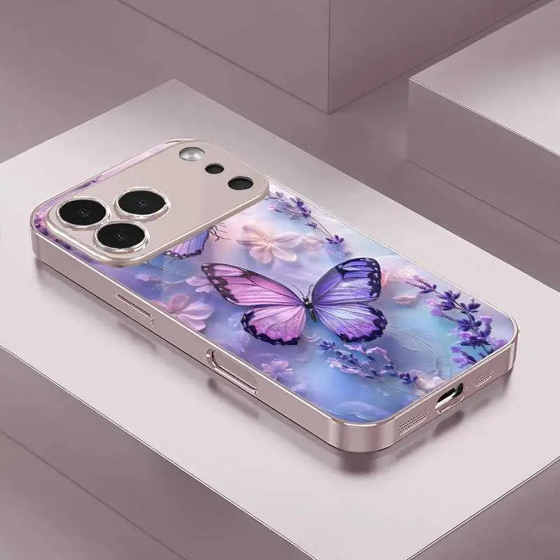 Purple Butterfly For iPhone 17 Air Grass Purple Glass Case For iPhone 14/15 Plus/16 Pro Max Protective Case HNAB34PLQWE