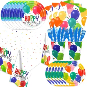 141Pcs Birthday Balloon Supplies for 20 Guests - Disposable Tableware and Cups Tablecloch Colorful Balloons for Baby Shower Birthday Decorations