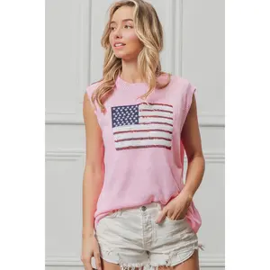 BiBi American Flag Sequins Patch Knit Top