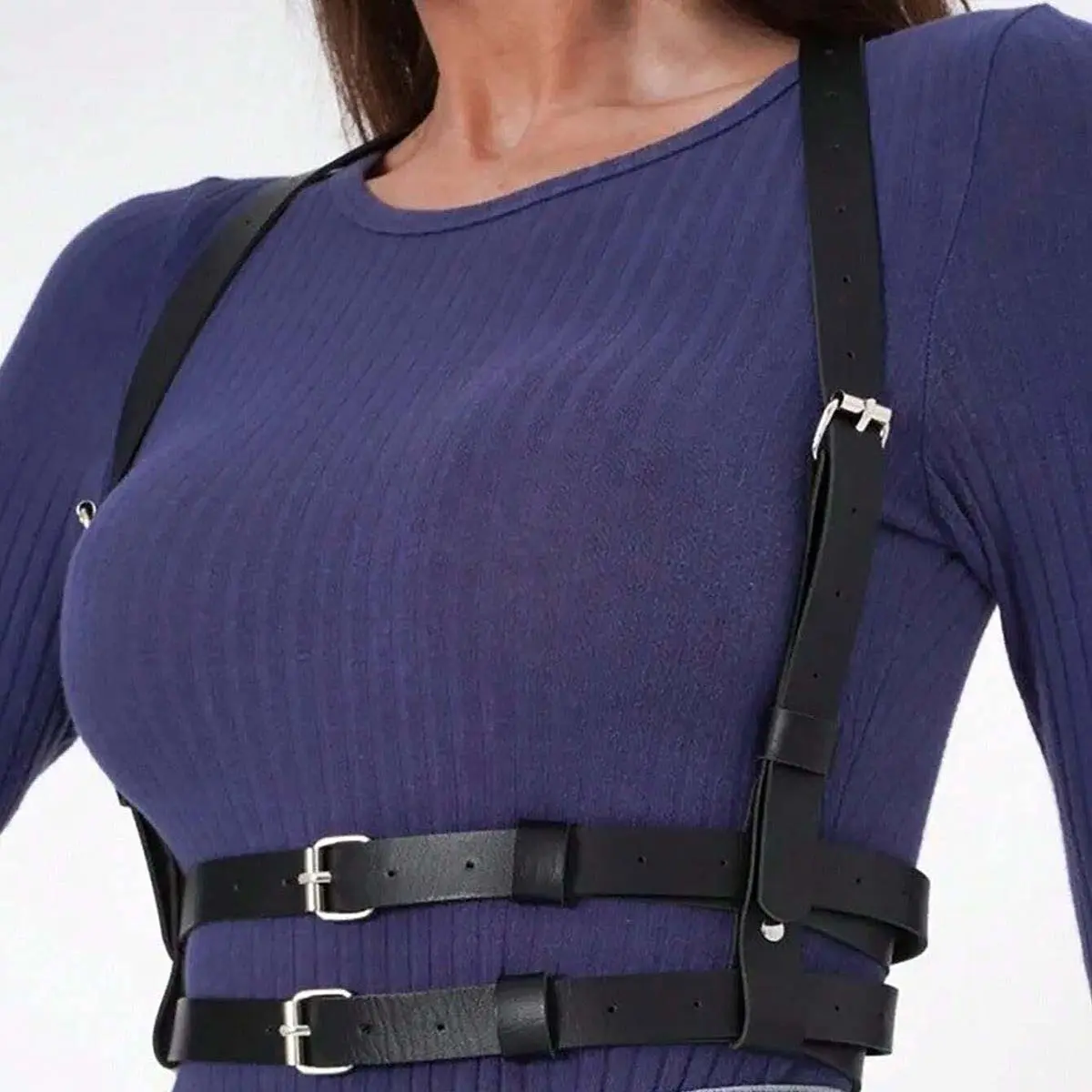 Women's Streetwear Corset Harness in Matte PU Leather, Dual Waist Belt with Adjustable Size Shoulder Harness Straps, Dual Belt Layer, Metal Pin Buckles, Dual Parallel Waist Belts, Body Proportions
