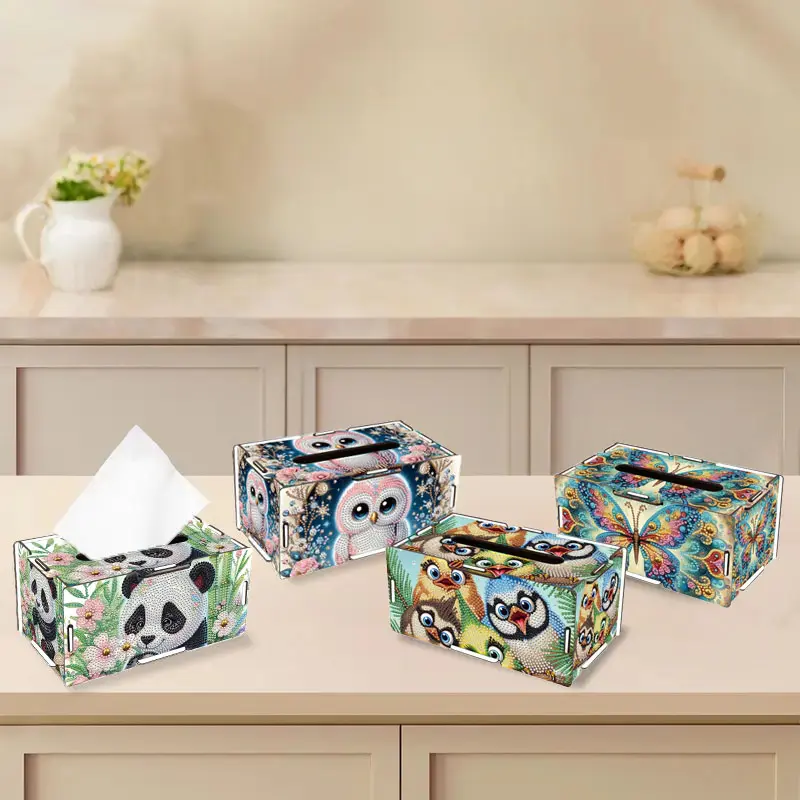1 Diamond painting art set of tissue box, DIY special shape diamond part Mosaic wooden tissue storage box set, modern home dining room living room table art decoration, featuring panda, owl and butterfly patterns, Artistic tissue box, Tissue Holder