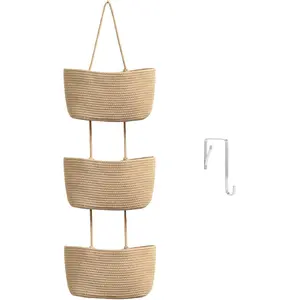 Over the Door Hanging Basket, 3-Tier Woven Cotton Wall-Mounted Storage Organizer Bag Decorative Hanging Nursery Baskets - Jute