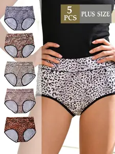 Women's Plus Size Striped Print Underwear Set, Breathable High Elasticity Waistband, Casual All Season Comfort Panties, Pack of 5, Soft Breathable Knicker