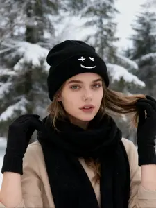 3pcs Neutral Smiley Embroidered Knit Set, Includes Hat, Scarf, and Gloves, Perfect for Winter, Ideal Gift for Her