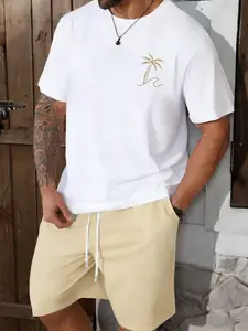 Men's Round Neck Casual Fitted Short Sleeve + Drawstring Shorts Set, Coconut Tree Print Design, Tropical Summer Comfortable T-Shirt, Outdoor Sports Wear, Clothes